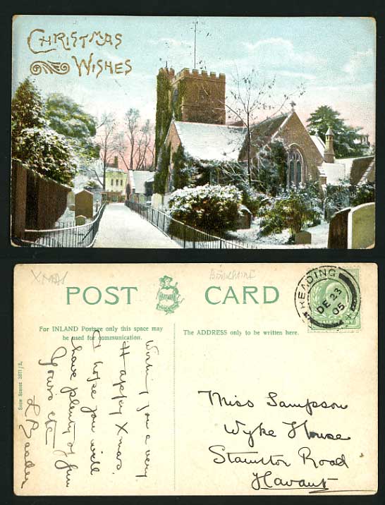 1905 Old Postcard CHRISTMAS WISHES Snowy Scene & Church