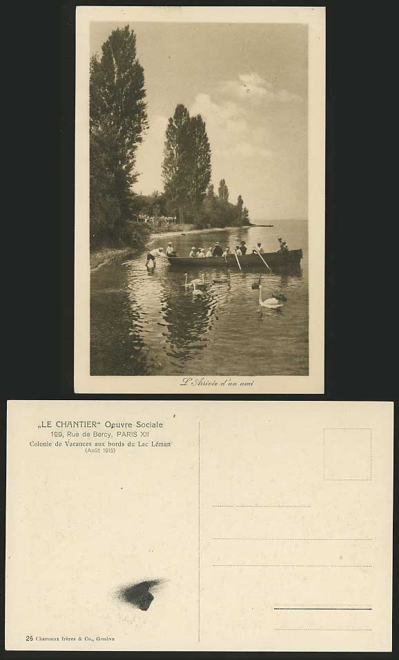 BOY SCOUTS Boating / Birds Swans 1915 Old Postcard BOAT