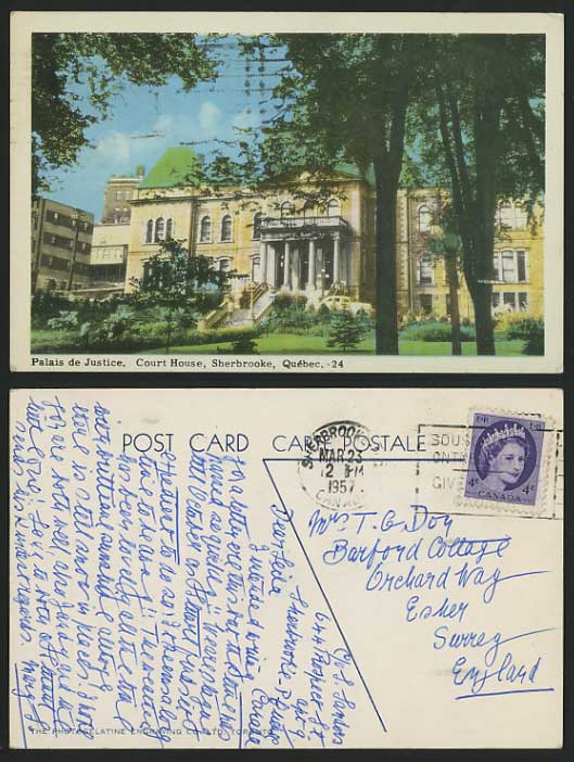 Canada 1957 Old Postcard QUEBEC Sherbrooke Court House