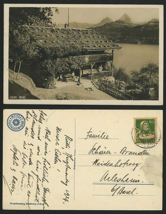 Swiss 1927 Old Postcard RUETLI Hut & Lake Mountains DOG