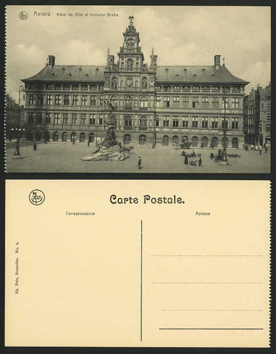 Belgium Old Postcard ANTWERP Town Hall & Fountain Brabo