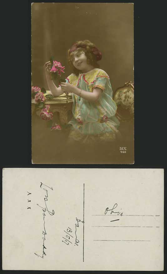 CUTE LITTLE GIRL Rose Flowers 1917 Hand Tinted Postcard