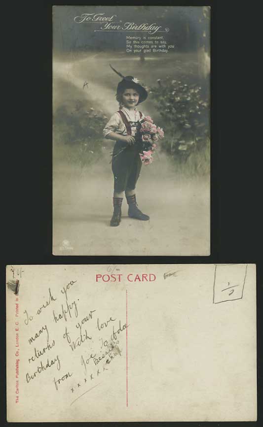 Cute Girl & Flowers 1917 Hand Tinted Postcard BIRTHDAY