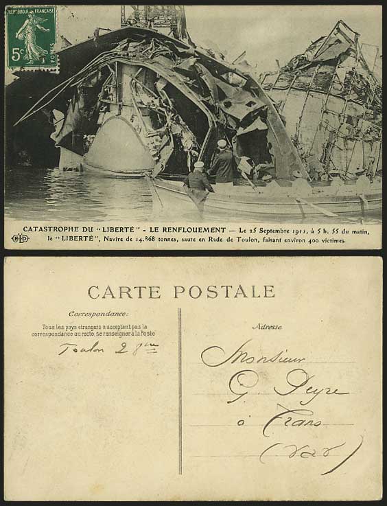 LIBERTE SHIP WRECK 1911 Fire Old Postcard Renflouement