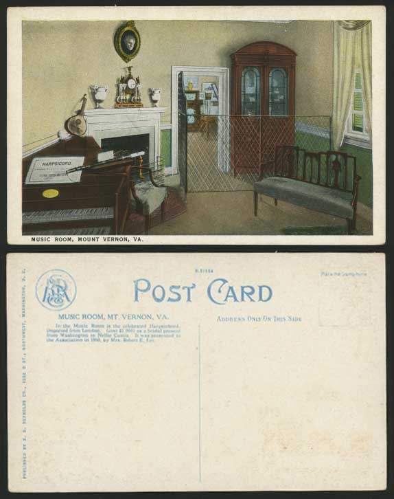 MUSIC ROOM - Mount Vernon VA. - Harpsicord Old Postcard