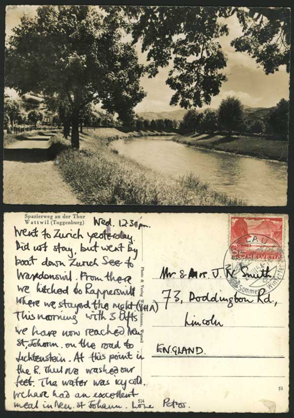 Spazierweg an Thur WATTWIL Toggenburg 1954 Old Postcard