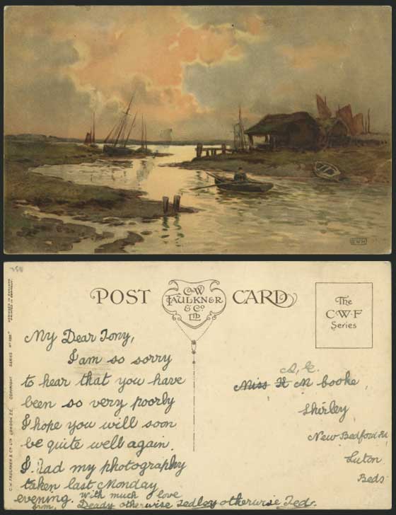 EWH Artist Signed Old Postcard Rowing Boat Boats River