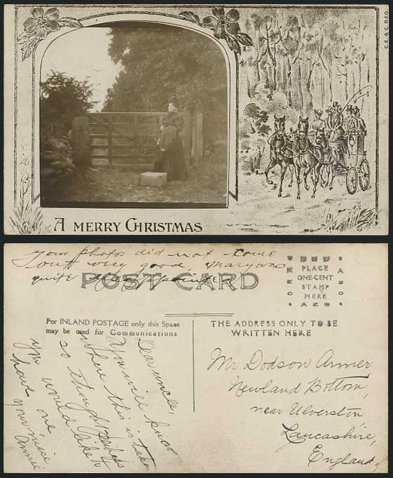 Merry Christmas Woman Old Postcard Horse Drawn Carriage