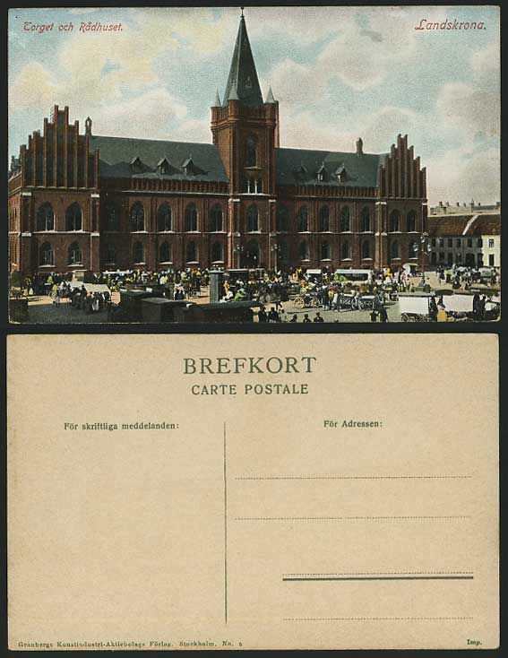 Sweden Old Postcard Landskrona Town Hall Market Street
