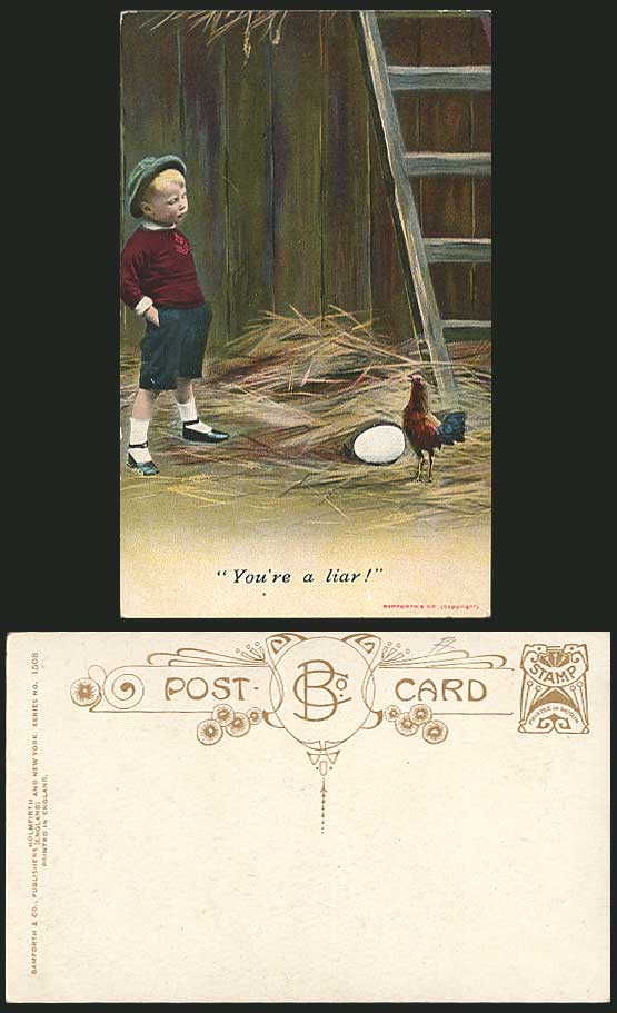 Little Boy Bird & Egg Ladder You're A Liar Old Postcard