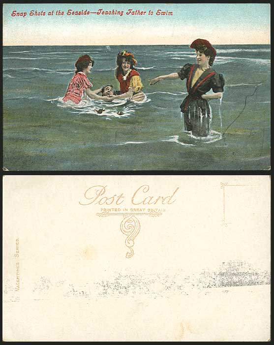 Teaching Father to Swim Seaside Snap Shots Old Postcard