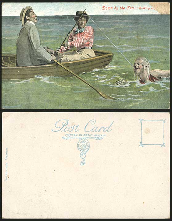 FISHING Rod, Boat, Down by the Sea Hooking Old Postcard