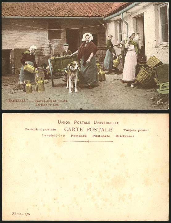 DOG MILK CART & Jugs, Laiteres Old Hand Tinted Postcard