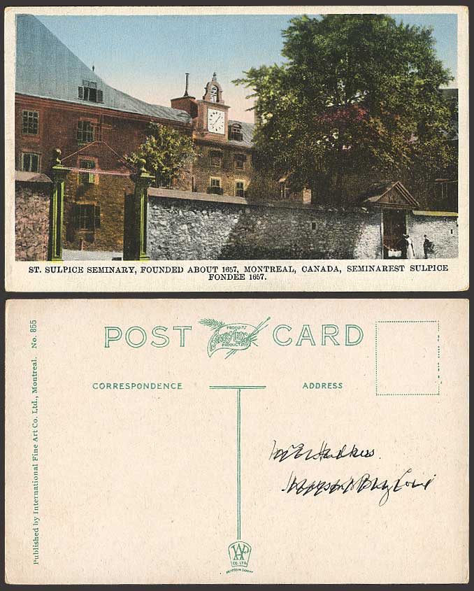 Canada Old Postcard St. Sulpice Seminary Clock Montreal