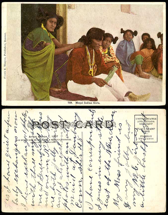 Moqui Indian Girls Arrange Hair, Native American Red Indians Old Colour Postcard