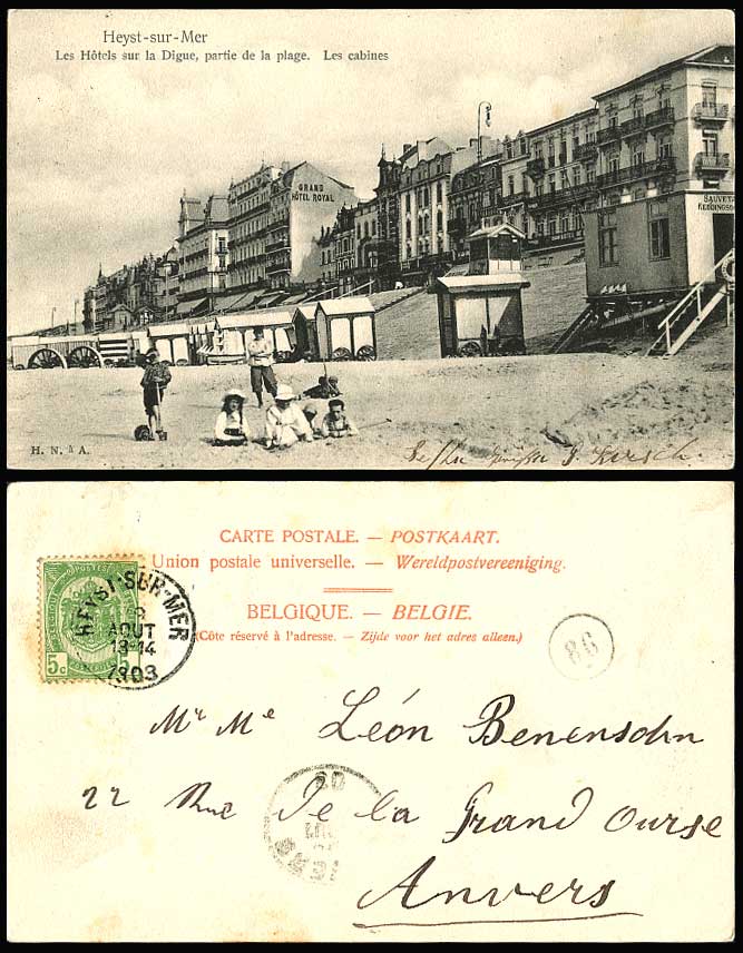 Belgium 1903 Old Postcard HEYST-SUR-MER Les Hotel sur La Digue Plage Les Cabines