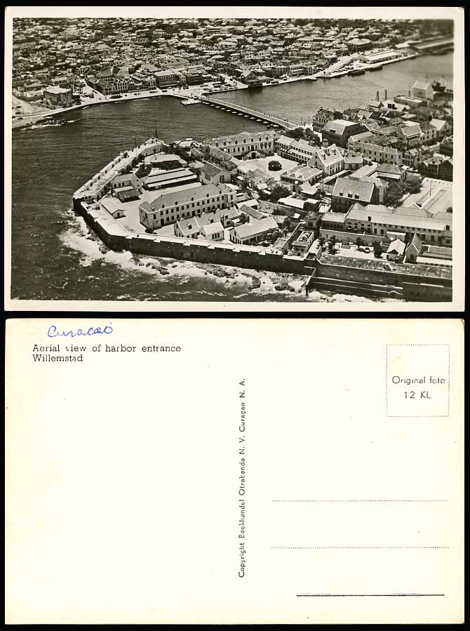 Curacao Old RP Postcard WILLEMSTAD Aerial View of Harbour Entrance, Bridge River