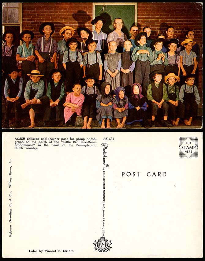 Amish Children Teacher Little Red One-Room Schoolhouse Pennsylvania Old Postcard