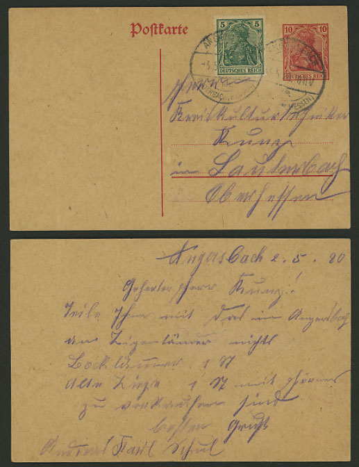 Germany 1920 10p on 5p Germania Postal Stationery Card
