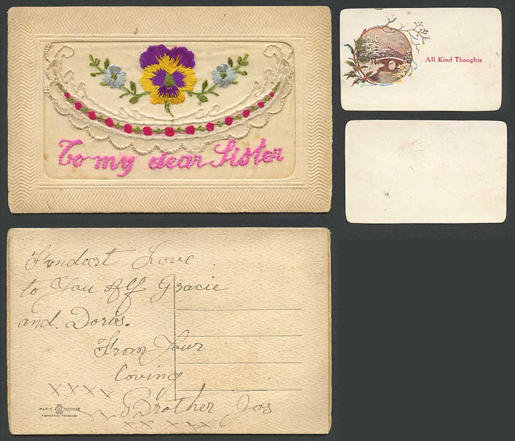 WW1 SILK Embroidered Old Postcard To My Dear Sister, All Kind Thoughts in Wallet