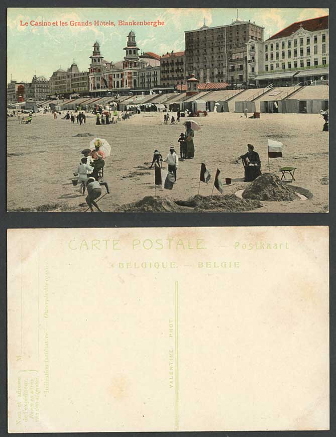 Blankenberghe Belgium Old Postcard Le Casino Les Grands Hotels, Beach Lift Flags