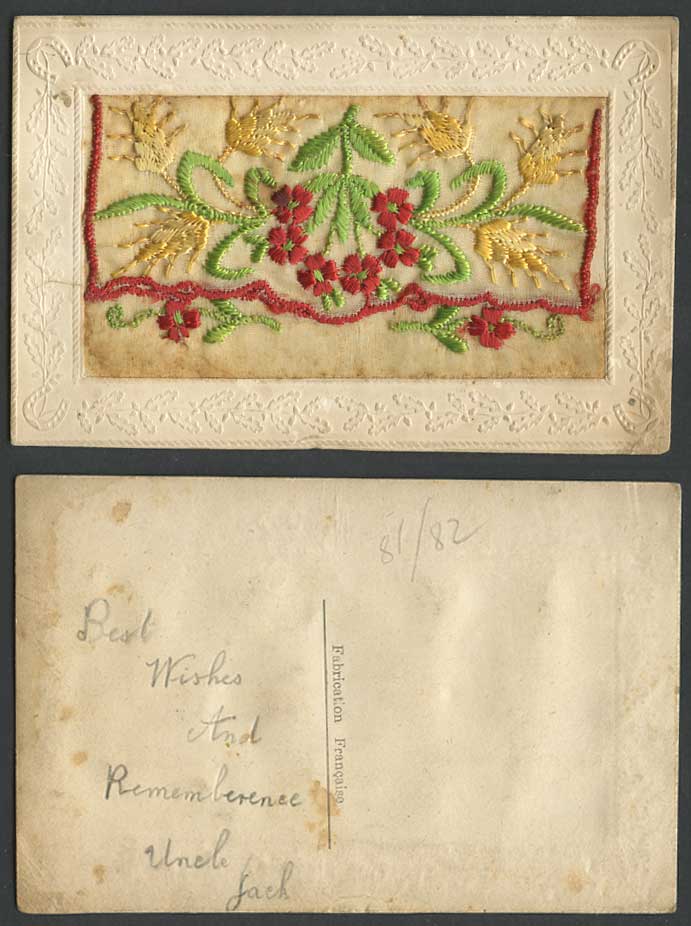 WW1 SILK Embroidered Old Postcard Flowers, Wheat, Empty Wallet Novelty Greetings