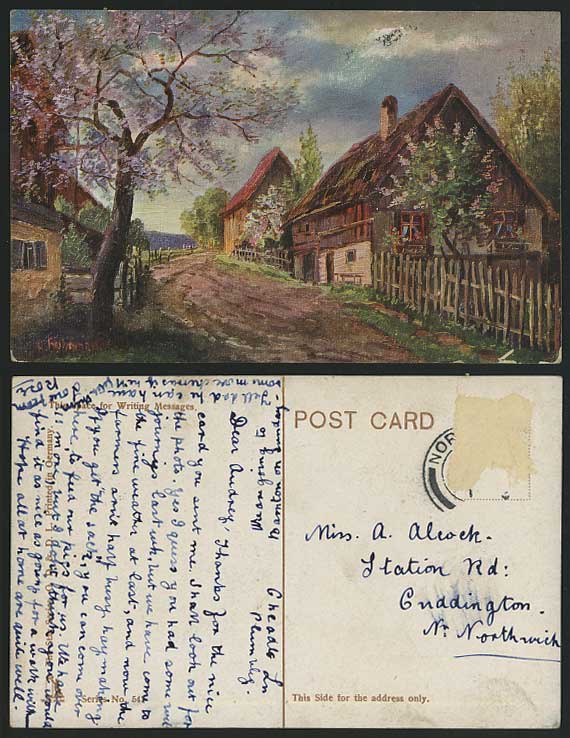 Cottages Trees Road Blossoms Artist Signed Old Postcard