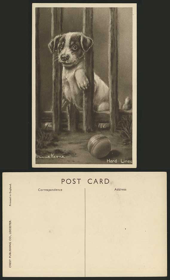 Minnie Keene Artist Signed - Dog Puppy Hard Lines Old Postcard Pets Pet Animals