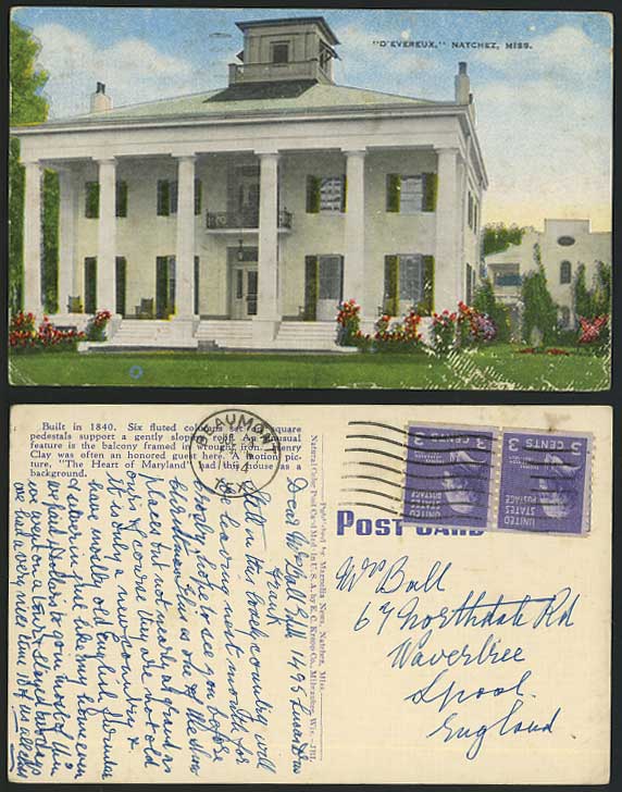 USA Mississippi D'Evereux Natchez Miss. 1954 Postcard