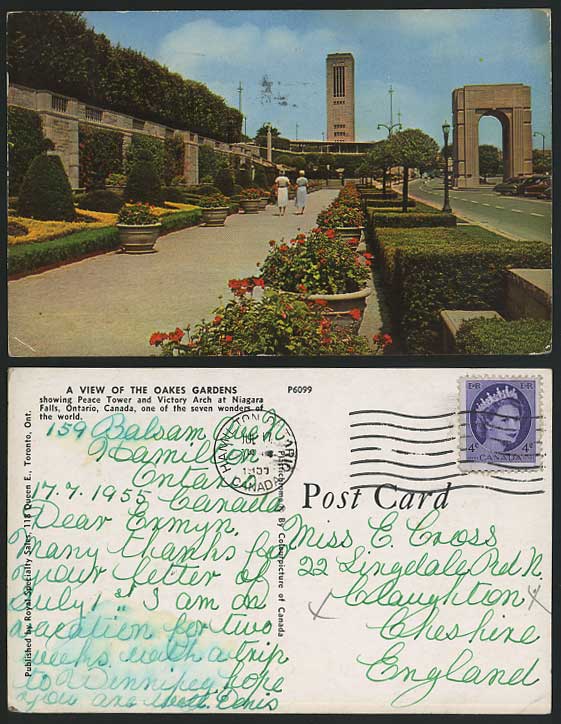 Canada 1955 Postcard OAKES GARDENS Peace Tower Vic Arch