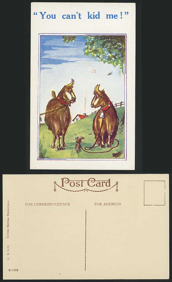 AKKW Artist Signed Old Postcard Comic Humour, You Can't Kid Me! GOATS, Bell Goat