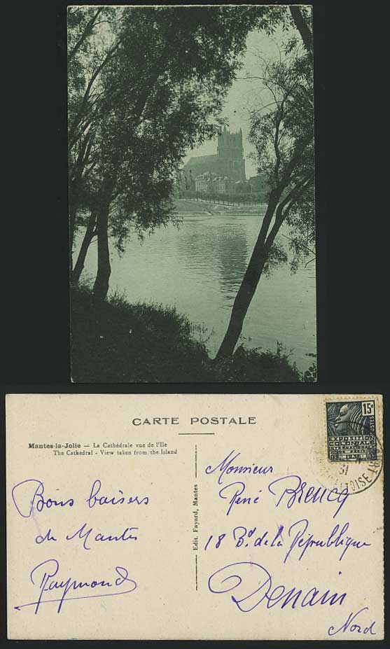 Mantes-la-Jolie 1931 Old Postcard Cathedral from Island