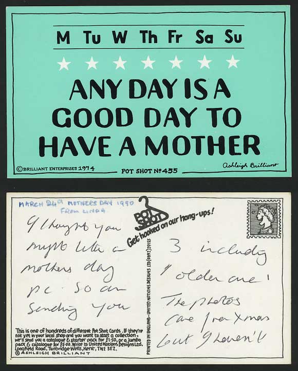 Any Day is a Good Day to Have a Mother - 1974 Postcard