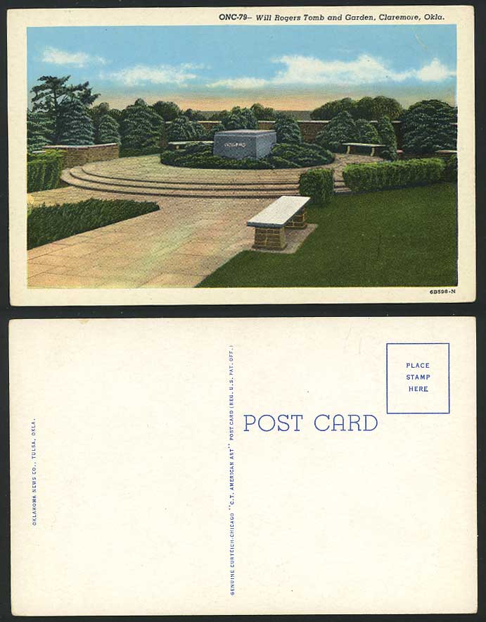 USA Old Postcard Will Rogers Tomb Garden Claremore Okla