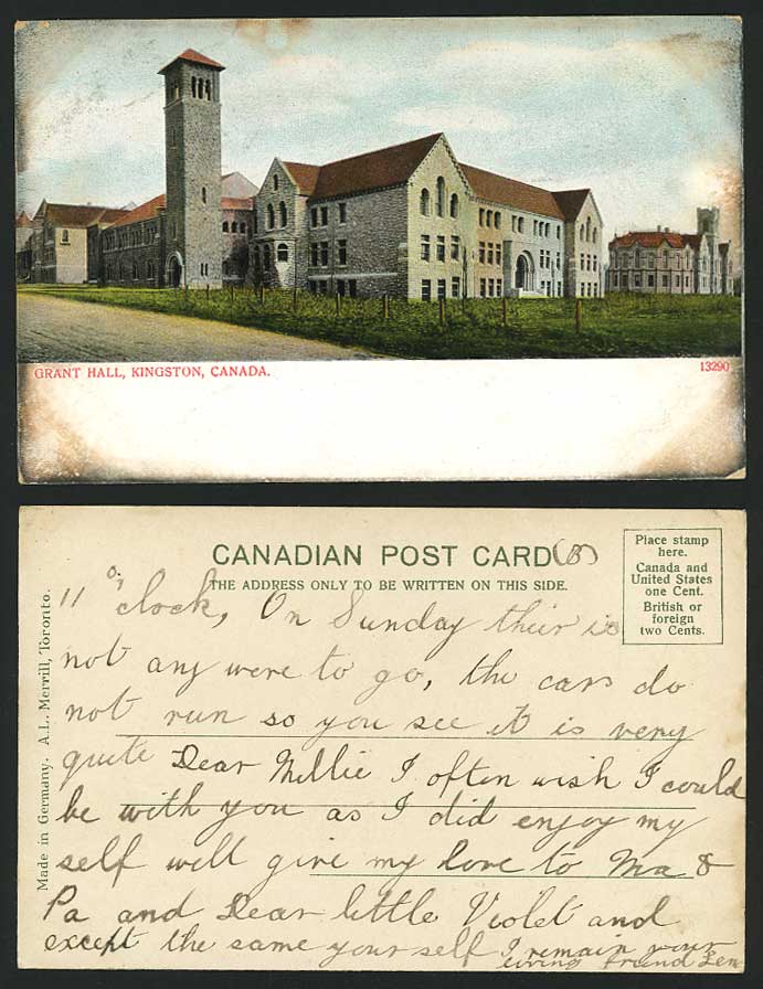 Canada Old Undivided Back Postcard GRANT HALL, Kingston