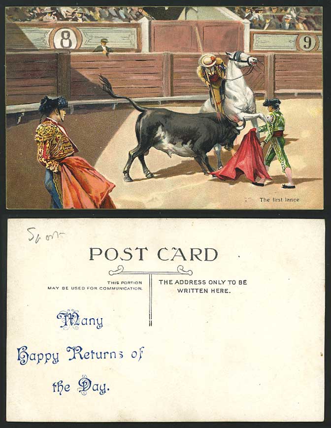 Bullfighters Bullring, The First Lance Old Art Postcard