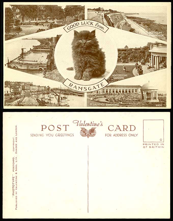 Ramsgate St. Laurence Bandstand Winterstock Garden Black Cat Kitten Old Postcard