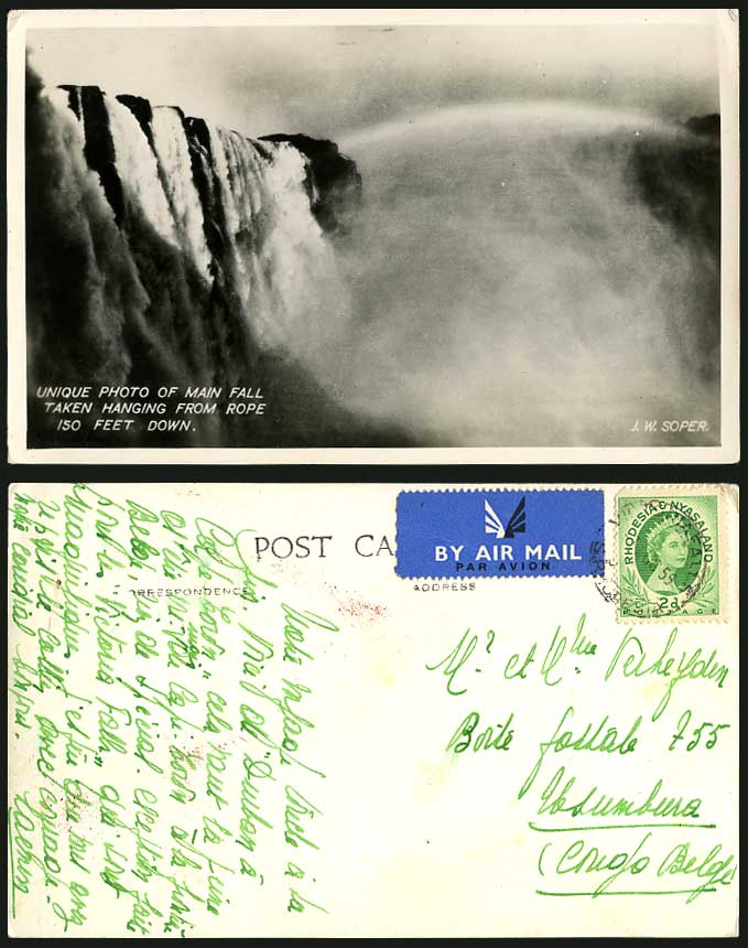 Rhodesia 1955 Old R.P. Postcard Victoria Falls Main Fall from Rope 150 feet Down