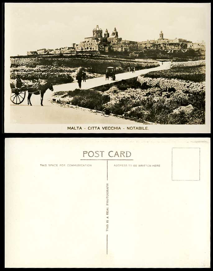 Malta Old Real Photograph Postcard Citta Vecchia, Notabile, Donkey Cart Carriage