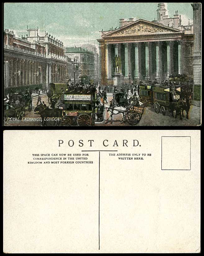 London Old Colour Postcard ROYAL EXCHANGE Street Scene Daily Telegraph Horses