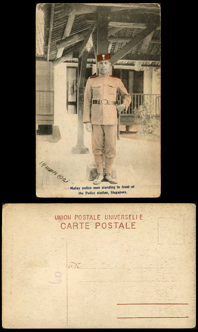 Singapore 1921 Old Hand Tinted Postcard Malay Police Man in Front Police Station