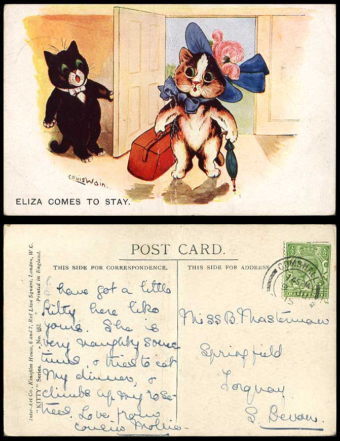 Louis Wain Artist Signed Cats Eliza Comes to Stay 1915 Old Postcard Kitty Series