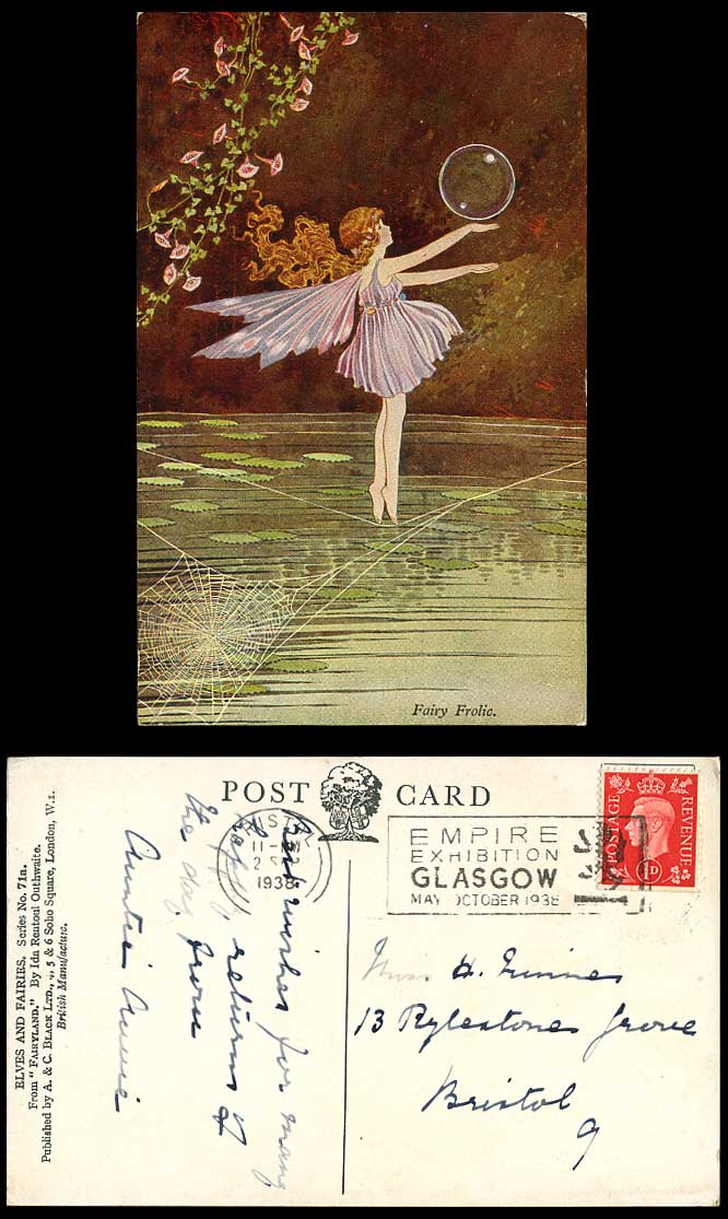I.R. OUTHWAITE 1938 Old Postcard Fairy Frolic Bubble Tiptoes Spiderweb Fairyland