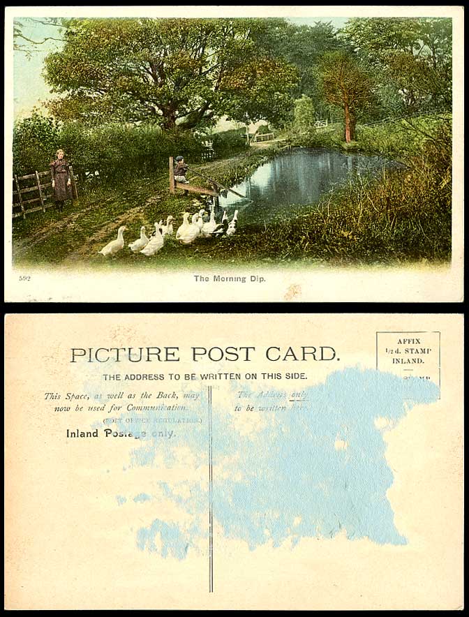 Geese Birds Ducks The Morning Dip Little Boy & Woman Old Colour Postcard Animals - Afbeelding 1 van 1