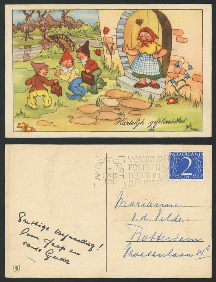 Gnomes Boys Woman Bridge Hut ANK Artist Signed Congratulations 1951 Old Postcard