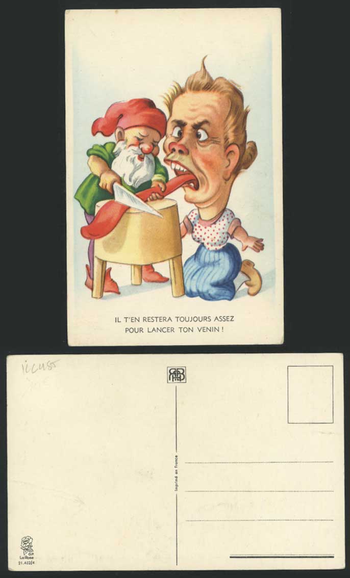 Gnome Cutting a Woman's Long Tongue with Knife, Comic Humour French Old Postcard