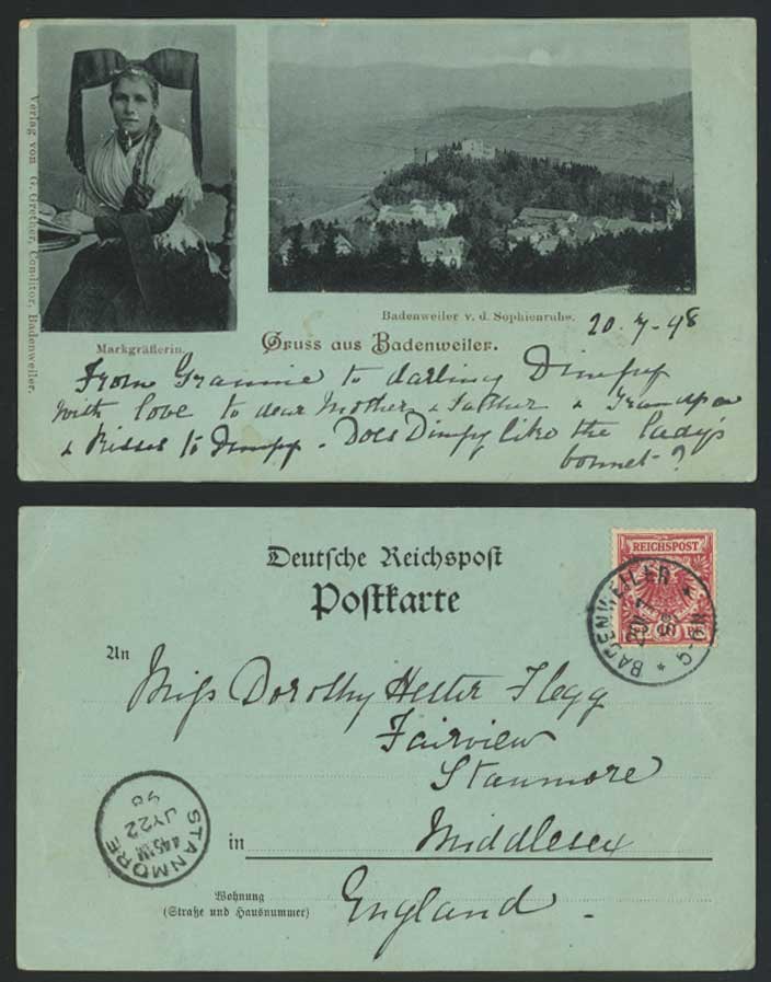 Gruss aus BADENWEILER 1898 Old Postcard Markgraeflerin, Woman, National Costumes