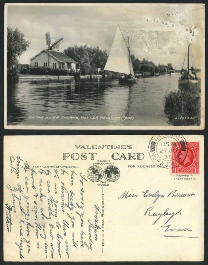 Potter Heigham Sailing Boats On The River Thurne 1935 Old Postcard Windmill Mill