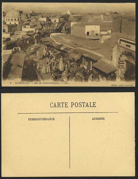 Tunisia Old Postcard KAIROUAN Rue du General-Saussier Market Street Scene L.L. 7