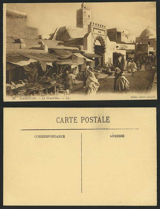 Tunisia Old Postcard KAIROUAN La Grand Rue Market Street Scene Sellers Gate LL38